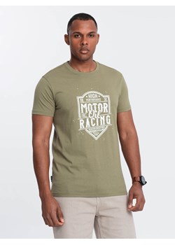 T-shirt męski z nadrukiem w stylu motocyklowym – oliwkowy V2 OM-TSPT-0125 ze sklepu ombre w kategorii T-shirty męskie - zdjęcie 173814438