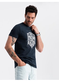 T-shirt męski z nadrukiem w stylu motocyklowym – granatowy V4 OM-TSPT-0125 ze sklepu ombre w kategorii T-shirty męskie - zdjęcie 173814448