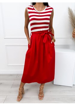 Czerwono-Kremowa Sukienka Midi w Paski ze sklepu ModnaKiecka.pl w kategorii Sukienki - zdjęcie 173815506