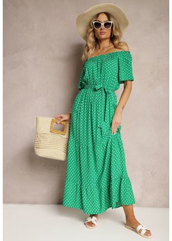Zielona Rozkloszowana Sukienka z Wiskozy z Materiałowym Paskiem i Gumką w Talii Dimthia ze sklepu Renee odzież w kategorii Sukienki - zdjęcie 173822446