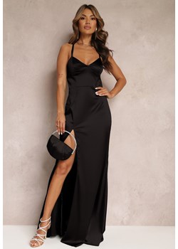 Czarna Maxi Sukienka z Satynowego Materiału na Cienkich Ramiączkach Annila ze sklepu Renee odzież w kategorii Sukienki - zdjęcie 173823827
