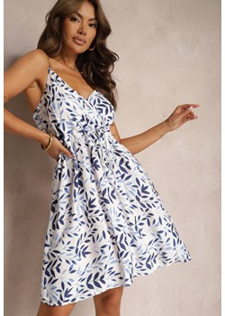 Biało-Niebieska Sukienka z Bawełny na Ramiączkach z Kopertowym Dekoltem i Wiązaniem w Pasie Salnena ze sklepu Renee odzież w kategorii Sukienki - zdjęcie 173823837