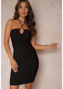 Czarna Prążkowana Sukienka z Wiązaniem przy Szyi o Dopasowanym Kroju Olandrea ze sklepu Renee odzież w kategorii Sukienki - zdjęcie 173823868