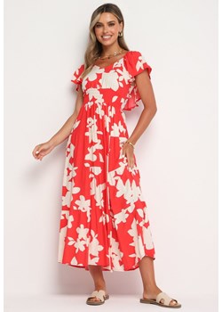 Czerwona Wiskozowa Sukienka Rozkloszowana z Gumką w Talii Nansalinne ze sklepu Born2be Odzież w kategorii Sukienki - zdjęcie 173824226