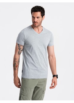 Klasyczna męska bawełniana koszulka z dekoltem w serek BASIC – szary melanż V16 OM-TSBS-0145 ze sklepu ombre w kategorii T-shirty męskie - zdjęcie 173825259