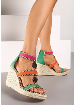 Brązowe Sandały na Koturnie w Stylu Boho Ozdobione Suwakiem i Metalicznymi Aplikacjami Desvia ze sklepu renee.pl w kategorii Espadryle damskie - zdjęcie 173827727