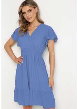 Niebieska Sukienka Mini z Gumką w Pasie i Falbanką Senait ze sklepu Born2be Odzież w kategorii Sukienki - zdjęcie 173829659