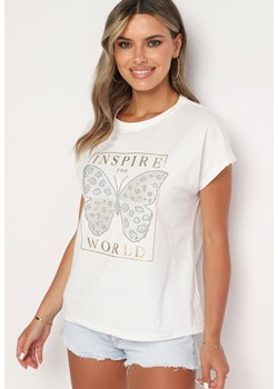 Biały Bawełniany T-shirt z Nadrukiem Motyla Ozdobionym Cyrkoniami Beonea ze sklepu Born2be Odzież w kategorii Bluzki damskie - zdjęcie 173829728