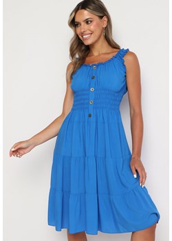Niebieska Rozkloszowana Sukienka z Bawełny na Ramiączkach Ozdobiona Guzikami Vimalene ze sklepu Born2be Odzież w kategorii Sukienki - zdjęcie 173829798
