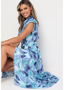Niebieska Sukienka Koszulowa z Gumką w Talii i Materiałowym Paskiem Vimisha ze sklepu Born2be Odzież w kategorii Sukienki - zdjęcie 173830005
