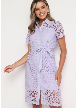 Fioletowa Ażurowa Sukienka Koszulowa Midi z Wiązanym Paskiem Pamy ze sklepu Born2be Odzież w kategorii Sukienki - zdjęcie 173830047