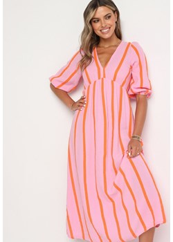 Różowo-Pomarańczowa Taliowana Sukienka z Bawełny z Motywem Pasków Rivettes ze sklepu Born2be Odzież w kategorii Sukienki - zdjęcie 173830089