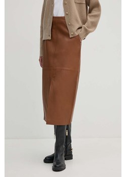 Tommy Hilfiger spódnica skórzana kolor brązowy midi prosta WW0WW42186 ze sklepu ANSWEAR.com w kategorii Spódnice - zdjęcie 173832175
