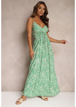 Zielona Sukienka z Bawełny Rozkloszowana na Cienkich Ramiączkach Risandras ze sklepu Renee odzież w kategorii Sukienki - zdjęcie 173832915