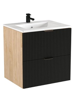 Umywalka z ryflowaną szafką ścienną czarny + orzech - Oxel 8X ze sklepu Edinos.pl w kategorii Szafki i regały łazienkowe - zdjęcie 173840146