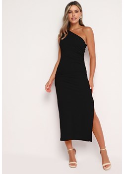 Czarna Asymetryczna Dopasowana Sukienka z Rozcięciem na Nogę Hosea ze sklepu Born2be Odzież w kategorii Sukienki - zdjęcie 173841325