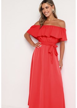Czerwona Rozkloszowana Sukienka Hiszpanka z Bawełną Gumką i Paskiem w Talii Vimallene ze sklepu Born2be Odzież w kategorii Sukienki - zdjęcie 173841458