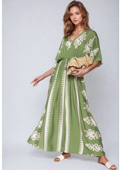 Zielona Bawełniana Sukienka o Taliowanym Kroju z Gumką w Pasie Rivanue ze sklepu Born2be Odzież w kategorii Sukienki - zdjęcie 173843887