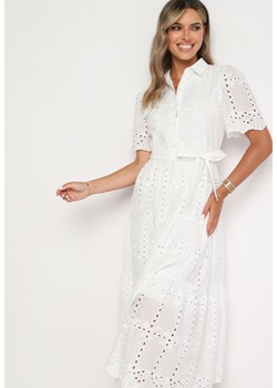 Biała Ażurowa Sukienka o Koszulowym Kroju z Paskiem w Talii w Stylu Boho Camvia ze sklepu Born2be Odzież w kategorii Sukienki - zdjęcie 173844008