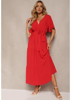 Czerwona Sukienka Maxi z Gumką w Talii i Głębokim Dekoltem Chemiste ze sklepu Renee odzież w kategorii Sukienki - zdjęcie 173844638