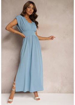 Jasnoniebieska Sukienka o Metalicznym Połysku z Gumką w Pasie i Głębokim Dekoltem Kigelia ze sklepu Renee odzież w kategorii Sukienki - zdjęcie 173847679