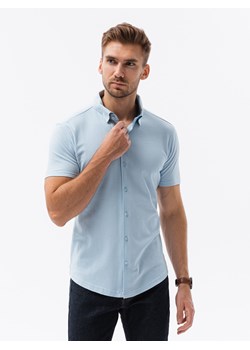 Dzianinowa koszula męska slim fit z krótkim rękawem i kołnierzykiem – niebieska V3 OM-SHSS-0100 ze sklepu ombre w kategorii Koszule męskie - zdjęcie 173848189