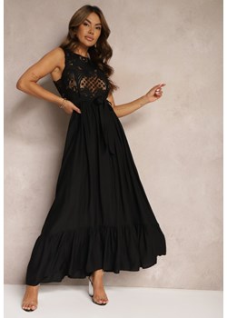 Czarna Taliowana Sukienka Ozdobiona na Górze Ażurowym Wzorem Nahine ze sklepu Renee odzież w kategorii Sukienki - zdjęcie 173849589