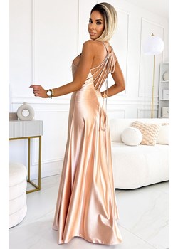 Satynowa długa suknia z dekoltem na plecach złota 547-1 Perla, Kolor złoty, Rozmiar L, Numoco ze sklepu Primodo w kategorii Sukienki - zdjęcie 173853055