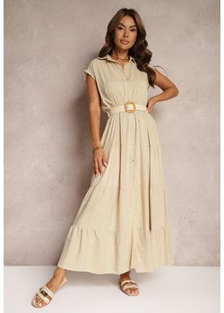 Beżowa Taliowana Sukienka z Wiskozy o Rozkloszowanym Koszulowym Kroju Nemvia ze sklepu Renee odzież w kategorii Sukienki - zdjęcie 173860419
