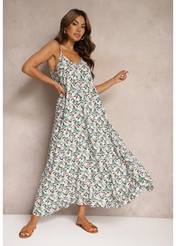 Zielono-Biała Kwiatowa Sukienka z Bawełny na Ramiączkach o Rozkloszowanym Kroju Kesvia ze sklepu Renee odzież w kategorii Sukienki - zdjęcie 173860489