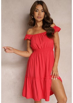Czerwona Rozkloszowana Sukienka z Bawełną i Wiskozą Wykończona Falbankami i Gumką w Talii Imvia ze sklepu Renee odzież w kategorii Sukienki - zdjęcie 173860539
