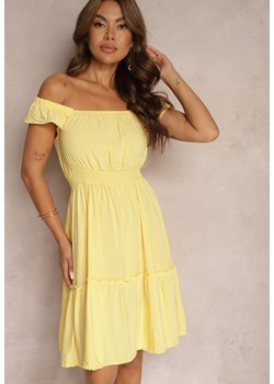 Żółta Rozkloszowana Sukienka z Bawełną i Wiskozą Wykończona Falbankami i Gumką w Talii Imvia ze sklepu Renee odzież w kategorii Sukienki - zdjęcie 173860559