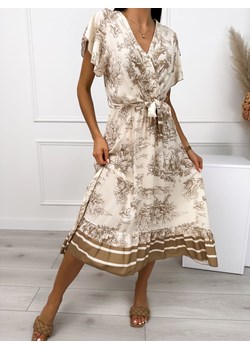 Beżowa Sukienka w Brązowy Wzór z Paskiem ze sklepu ModnaKiecka.pl w kategorii Sukienki - zdjęcie 173877068