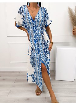 Kremowo-Niebieska Sukienka z Motywem Roślinnym ze sklepu ModnaKiecka.pl w kategorii Sukienki - zdjęcie 173877108