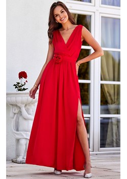 Satynowa sukienka maxi z ozdobną różą czerwona Paloma, Kolor czerwony, Rozmiar 34, Roco Fashion ze sklepu Primodo w kategorii Sukienki - zdjęcie 173880717