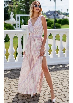 Wzorzysta szyfonowa sukienka maxi z przekładanym dekoltem 59D Lorena, Kolor multicolour, Rozmiar 34, Roco Fashion ze sklepu Primodo w kategorii Sukienki - zdjęcie 173880737