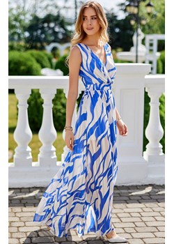 Wzorzysta szyfonowa sukienka maxi z przekładanym dekoltem 61D Lorena, Kolor niebiesko-biały, Rozmiar 34, Roco Fashion ze sklepu Primodo w kategorii Sukienki - zdjęcie 173880747