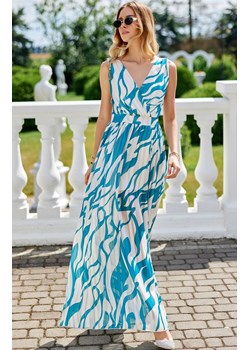 Wzorzysta szyfonowa sukienka maxi z przekładanym dekoltem 63D Lorena, Kolor morski-biały, Rozmiar 34, Roco Fashion ze sklepu Primodo w kategorii Sukienki - zdjęcie 173880757