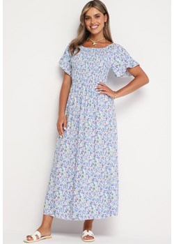 Jasnoniebieska Taliowana Sukienka z Bawełny w Kwiaty z Kwadratowym Dekoltem Nesvia ze sklepu Born2be Odzież w kategorii Sukienki - zdjęcie 173884385