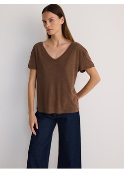 Reserved - T- shirt z lnem i wiskozą - brązowy ze sklepu Reserved w kategorii Bluzki damskie - zdjęcie 173885159