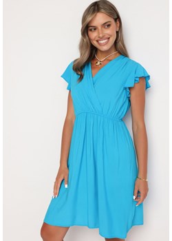 Niebieska Rozkloszowana Sukienka z Gumką w Pasie i Falbanką przy Rękawach Walvia ze sklepu Born2be Odzież w kategorii Sukienki - zdjęcie 173885436