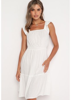 Biała Taliowana Sukienka z Wiskozą i Bawełną Falbankami oraz Gumką w Talii Hemvia ze sklepu Born2be Odzież w kategorii Sukienki - zdjęcie 173885478