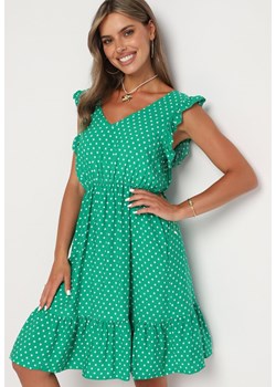 Zielona Rozkloszowana Sukienka z Bawełną i Wiskozą Wykończona Gumką w Talii z Falbanką Fesvia ze sklepu Born2be Odzież w kategorii Sukienki - zdjęcie 173885527