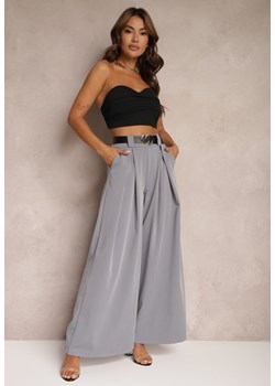 Jasnoszare Garniturowe Spodnie o Szerokim Kroju High Waist z Paskiem Lilmelba ze sklepu Renee odzież w kategorii Spodnie damskie - zdjęcie 173886969