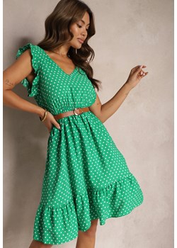 Zielona Taliowana Sukienka z Wiskozą Bawełną i Gumką w Talii Ozdobiona Falbanką Gesvia ze sklepu Renee odzież w kategorii Sukienki - zdjęcie 173887059