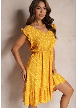 Żółta Taliowana Sukienka z Wiskozą Bawełną i Gumką w Talii Ozdobiona Falbanką Gesvia ze sklepu Renee odzież w kategorii Sukienki - zdjęcie 173887079