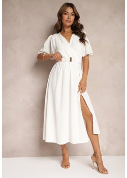 Biała Rozkloszowana Sukienka z Kopertowym Dekoltem z Bawełną Gumką w Pasie i Paskiem Isvia ze sklepu Renee odzież w kategorii Sukienki - zdjęcie 173887089