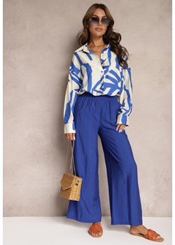Niebiesko-Biały 2-Częściowy Komplet z Wiskozy Koszula z Dłuższym Tyłem i Szerokie Spodnie z Gumką Lelefia ze sklepu Renee odzież w kategorii Komplety i garnitury damskie - zdjęcie 173887149