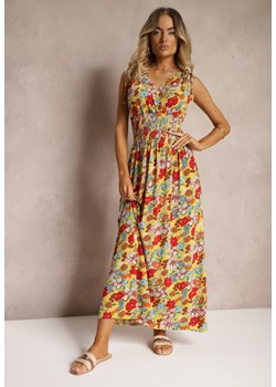 Żółta Rozkloszowana Sukienka w Kwiatowy Print ze Sznureczkami przy Ramionach Wlanda ze sklepu Renee odzież w kategorii Sukienki - zdjęcie 173957606