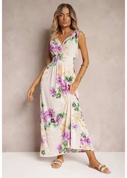 Beżowa Sukienka z Wiązanymi Ramiączkami w Kwiatowy Print o Rozkloszowanym Fasonie Talloa ze sklepu Renee odzież w kategorii Sukienki - zdjęcie 173957616